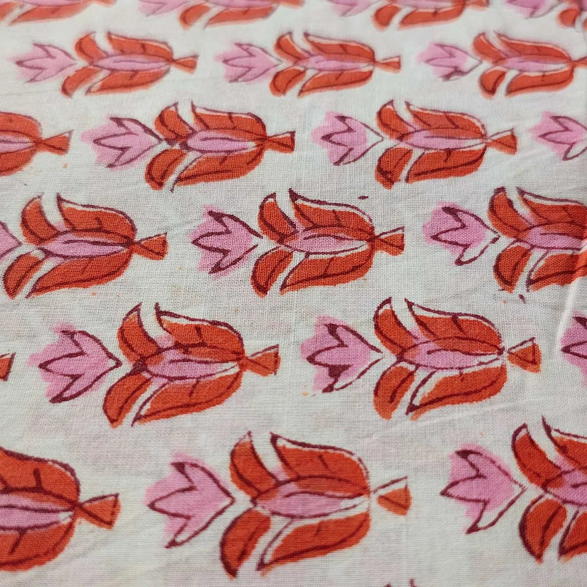 Sanganeri Hand Block Print Cotton Fabric – White And Orange Floral Print