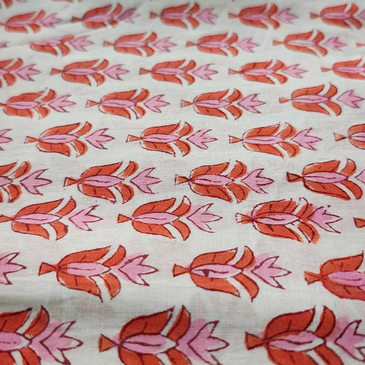 Sanganeri Hand Block Print Cotton Fabric – White And Orange Floral Print