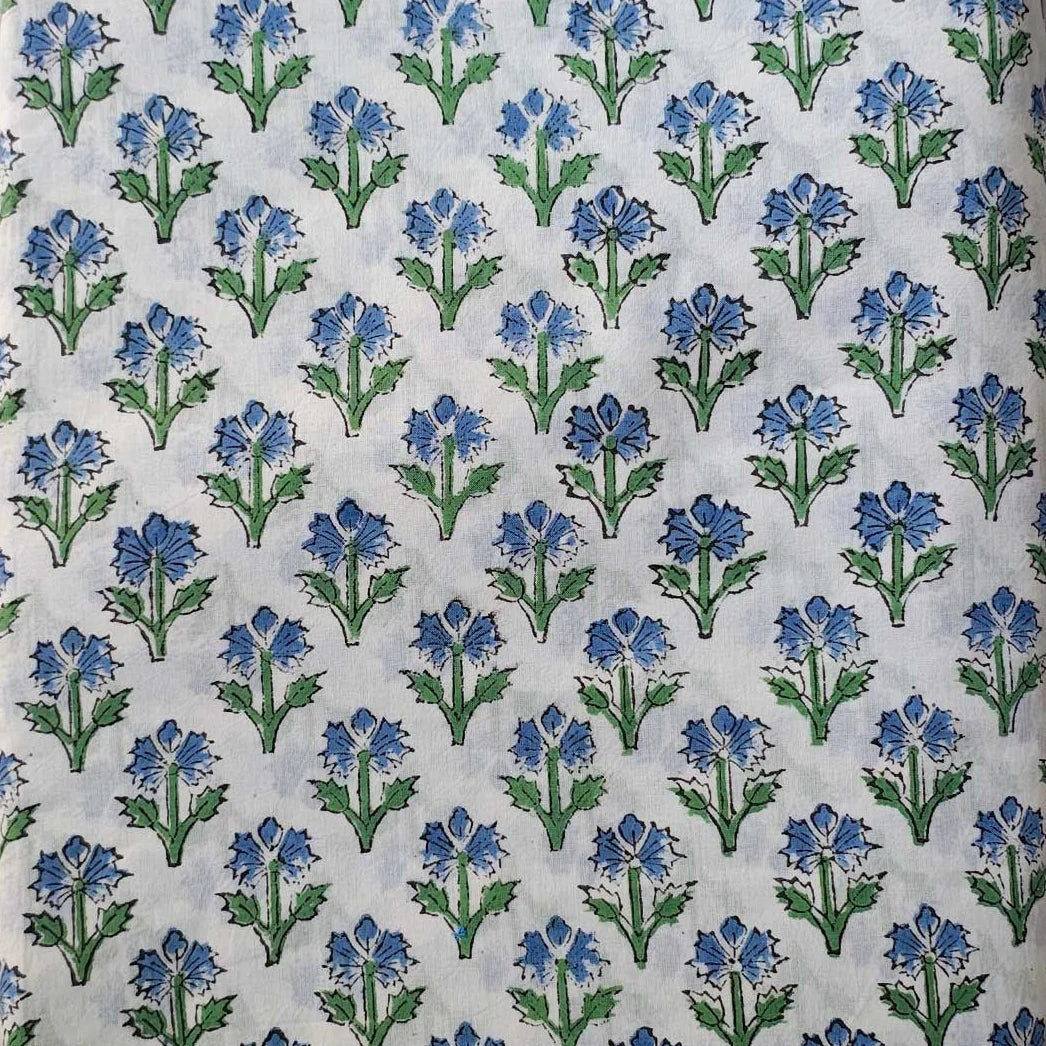 Sanganeri Hand Block Print Cotton Fabric – White And Blue Floral Print