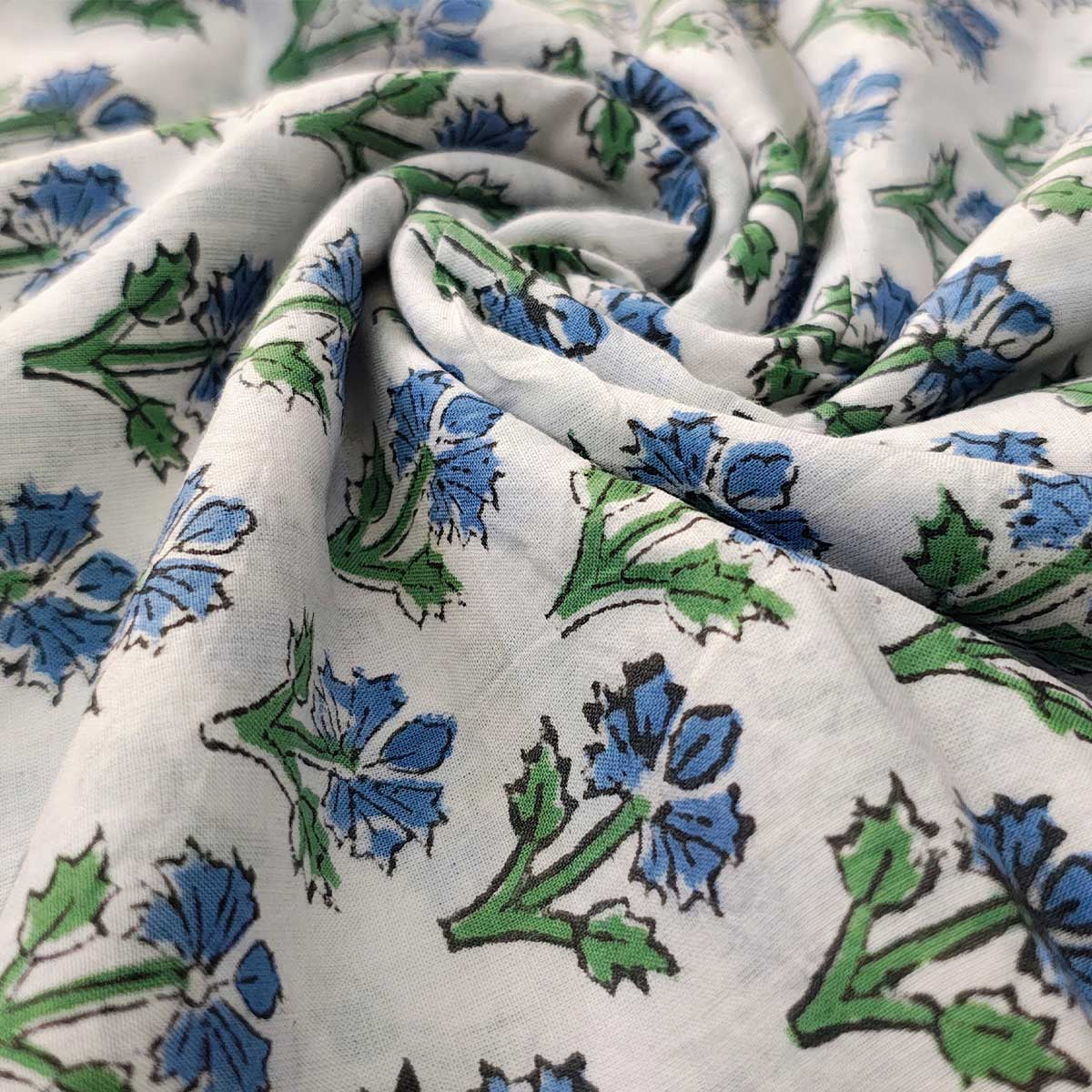Sanganeri Hand Block Print Cotton Fabric – White And Blue Floral Print