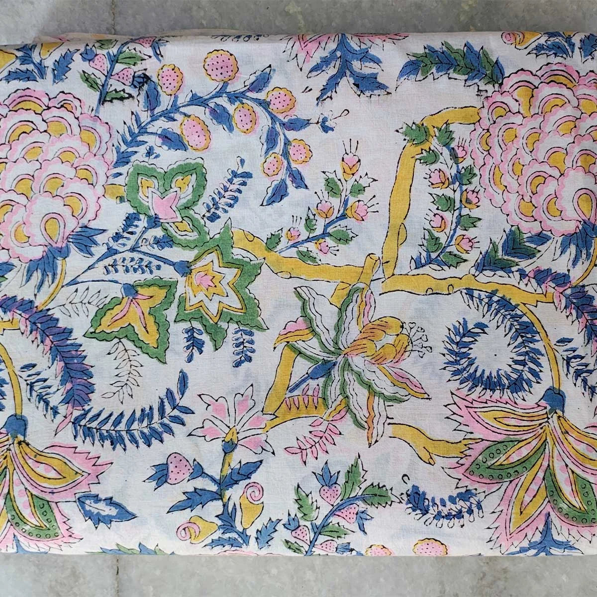 Sanganeri Hand Block Print Cotton Fabric – White Floral Print