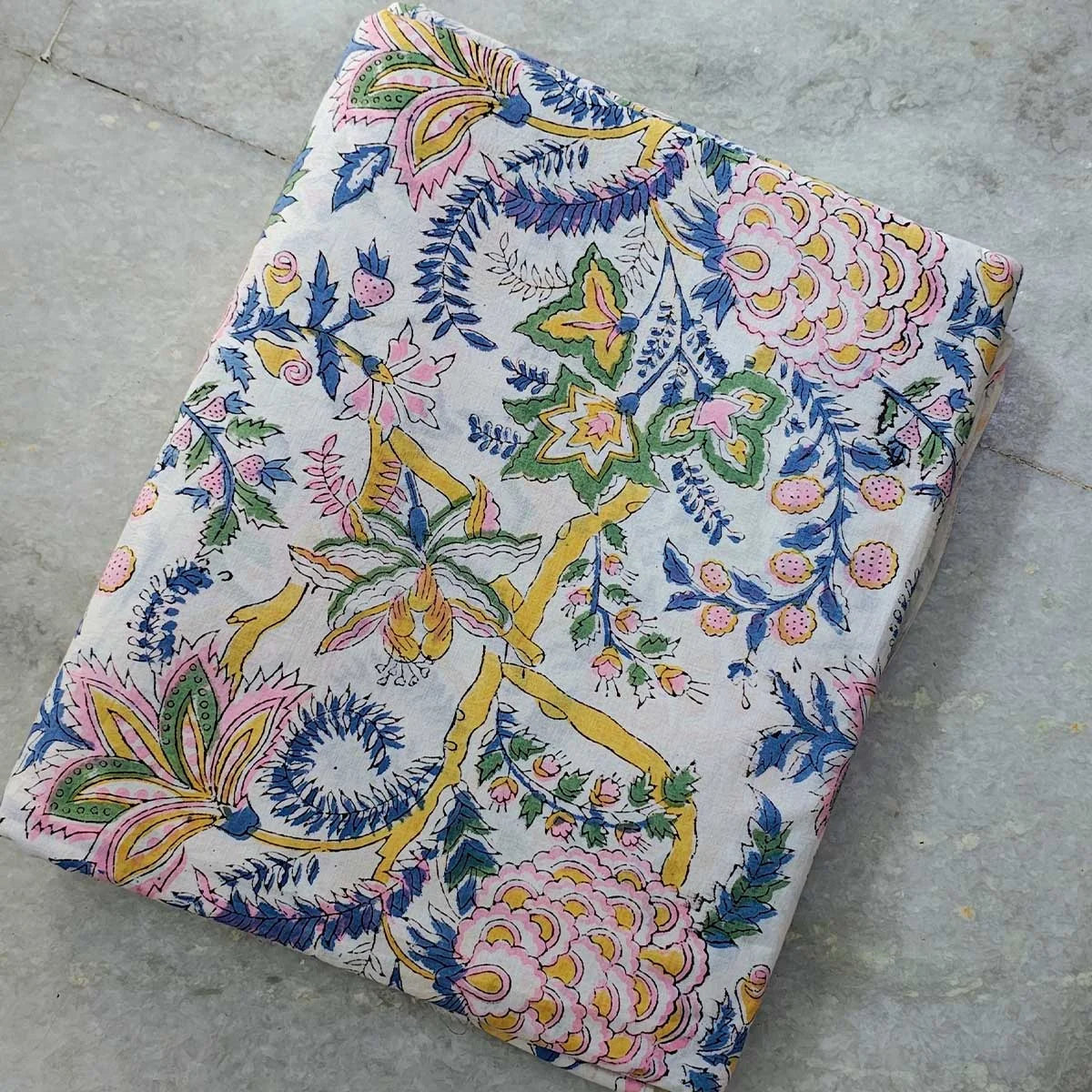 Sanganeri Hand Block Print Cotton Fabric – White Floral Print