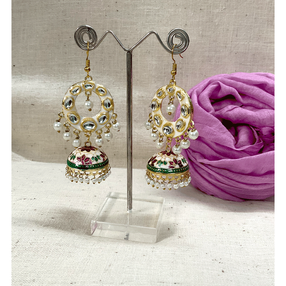 Meenakari Chandbali Jhumka Earrings - Kundan & Beads in Floral Design For Women & Girls Stylish Latest