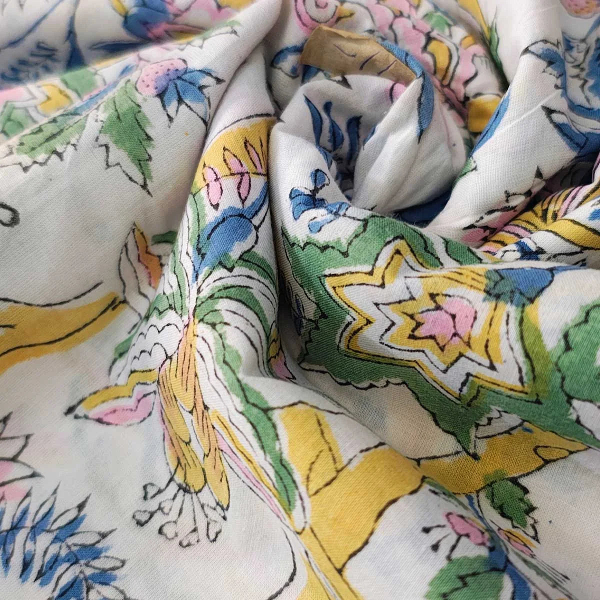 Sanganeri Hand Block Print Cotton Fabric – White Floral Print