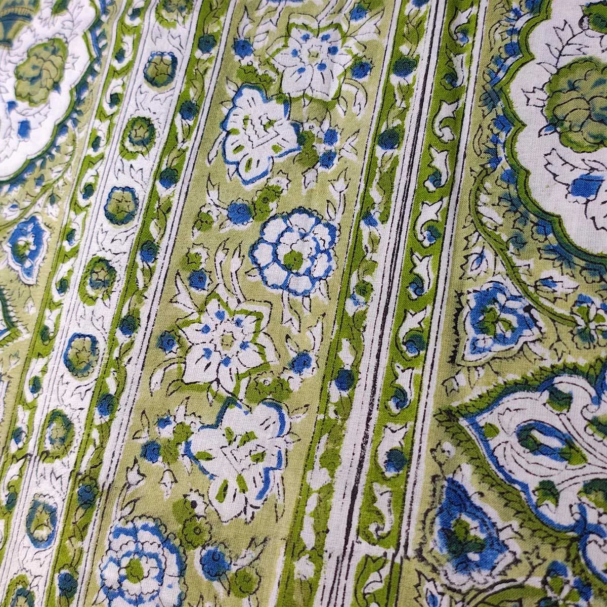 Sanganeri Hand Block Print Cotton Fabric – Green Floral Print