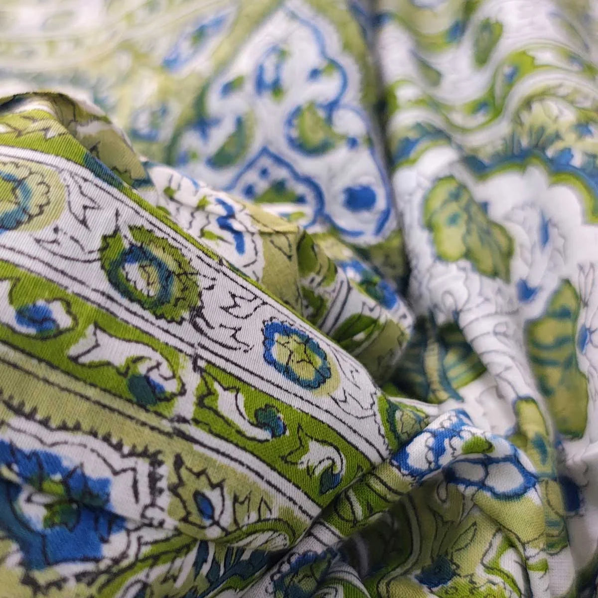 Sanganeri Hand Block Print Cotton Fabric – Green Floral Print