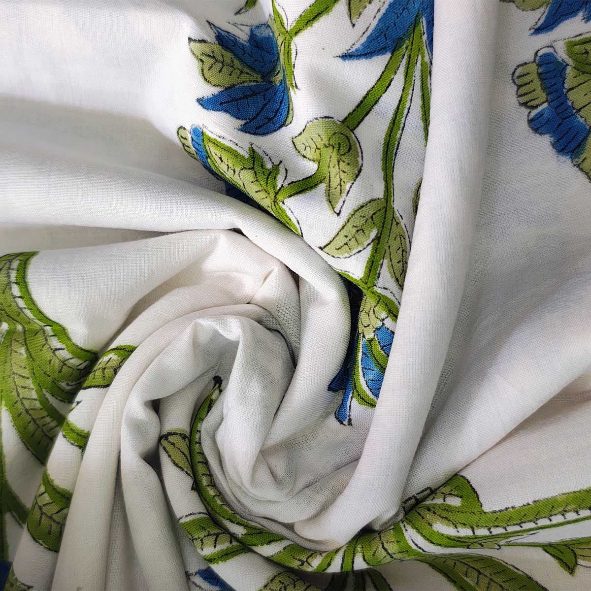 Sanganeri Hand Block Print Cotton Fabric – Green Floral Print