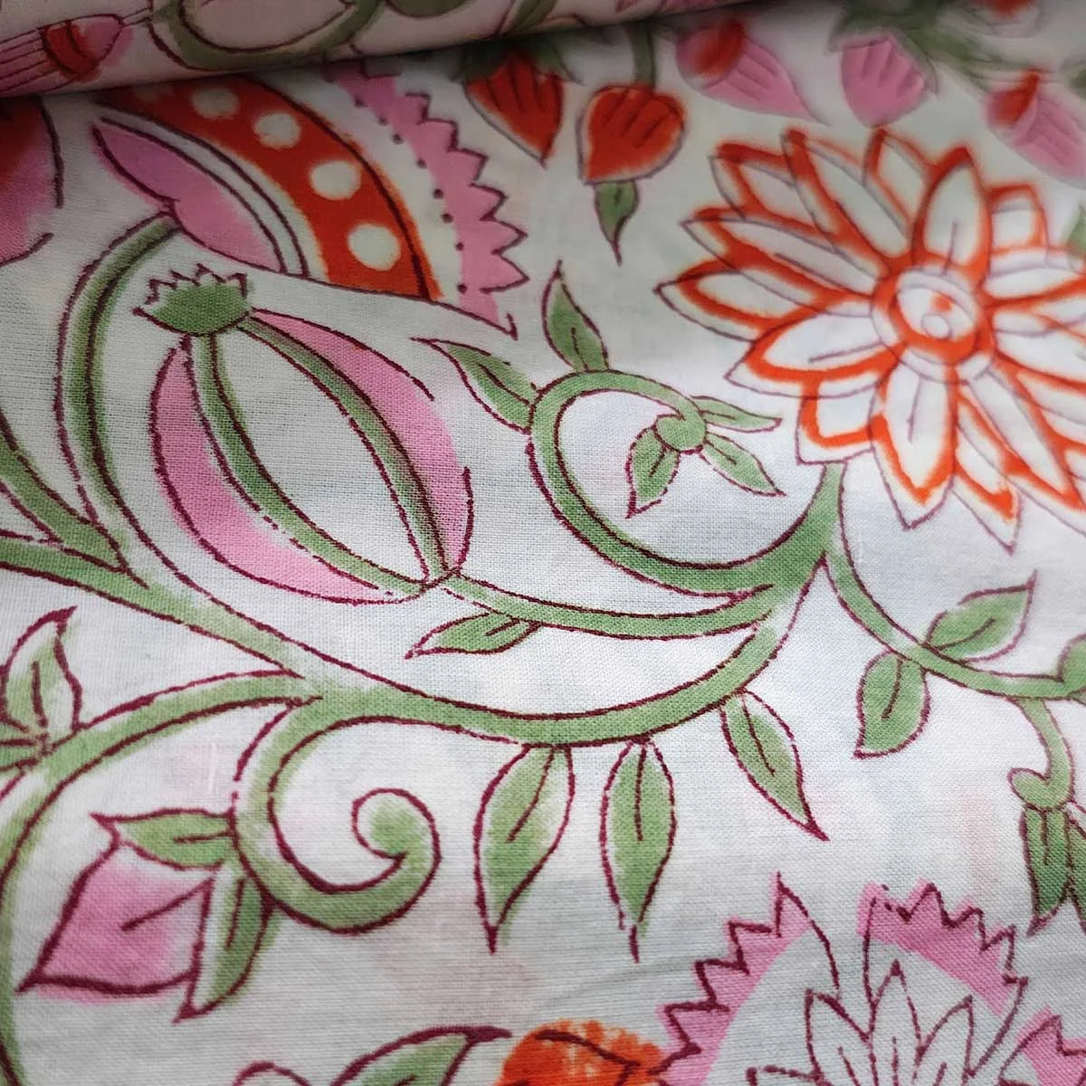 Sanganeri Hand Block Print Cotton Fabric – White And Orange Floral Print