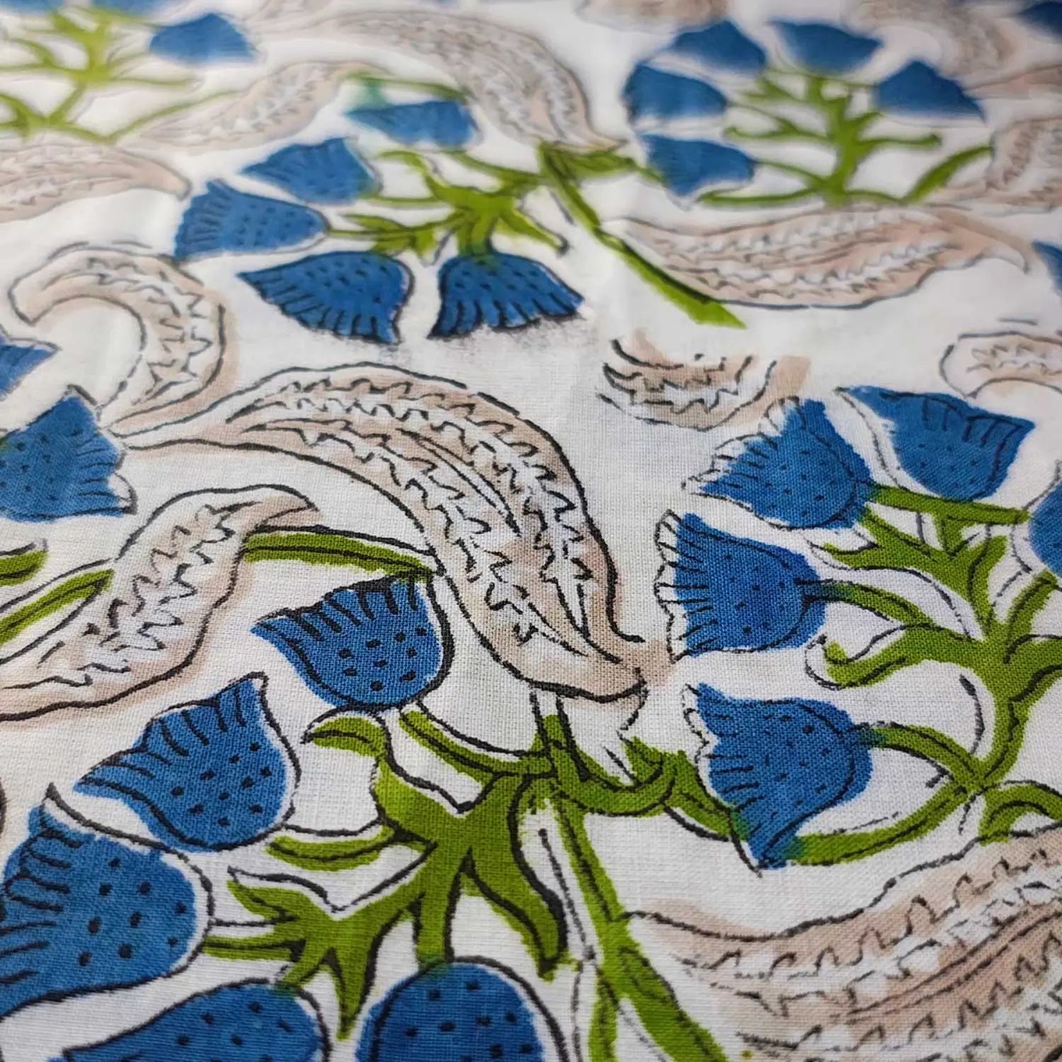 Sanganeri Hand Block Print Cotton Fabric – Green Floral Print