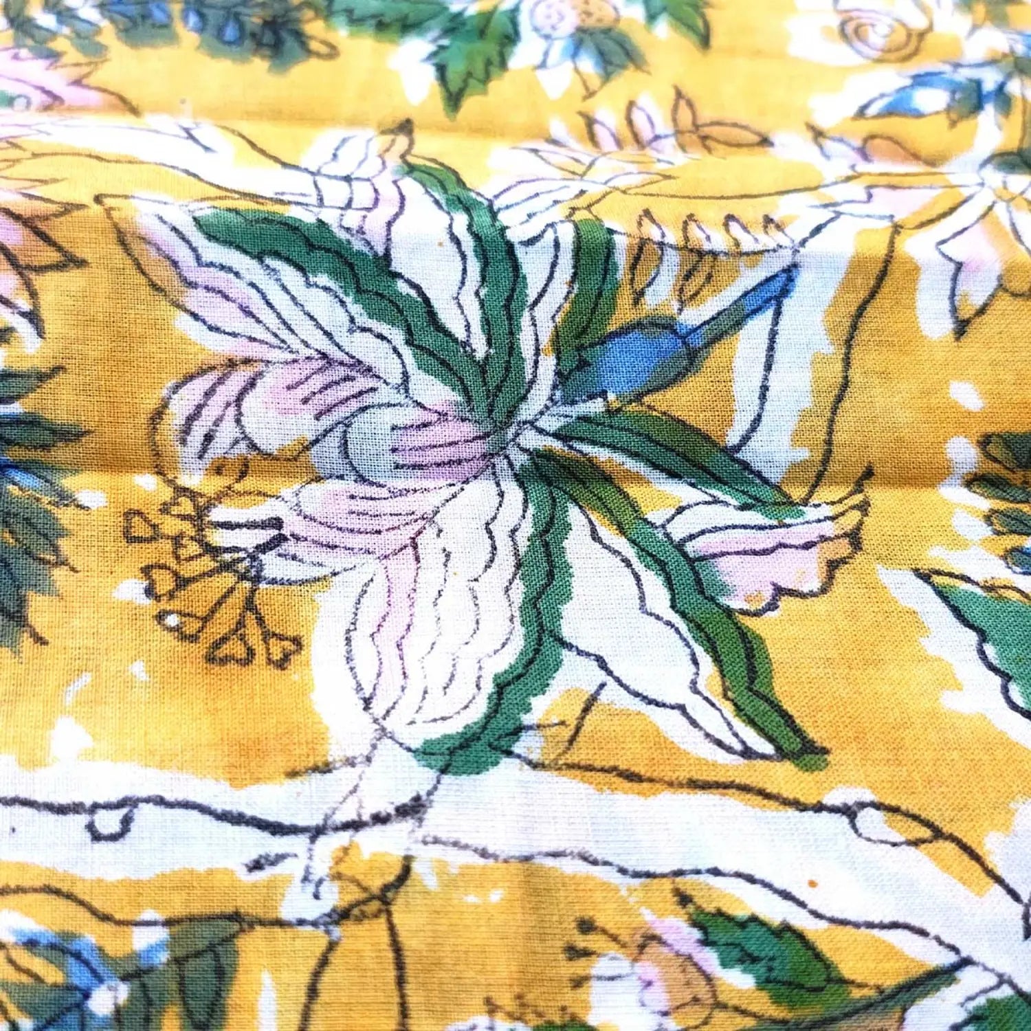 Sanganeri Hand Block Print Cotton Fabric – Yellow Floral Print