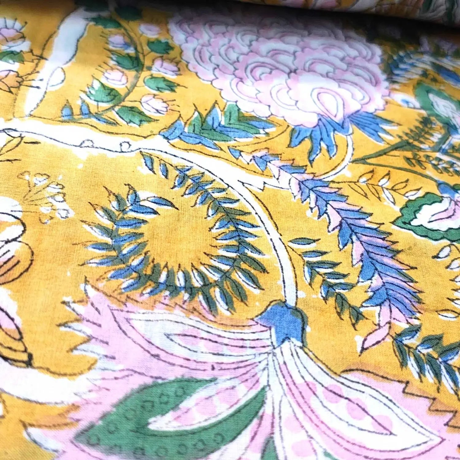 Sanganeri Hand Block Print Cotton Fabric – Yellow Floral Print