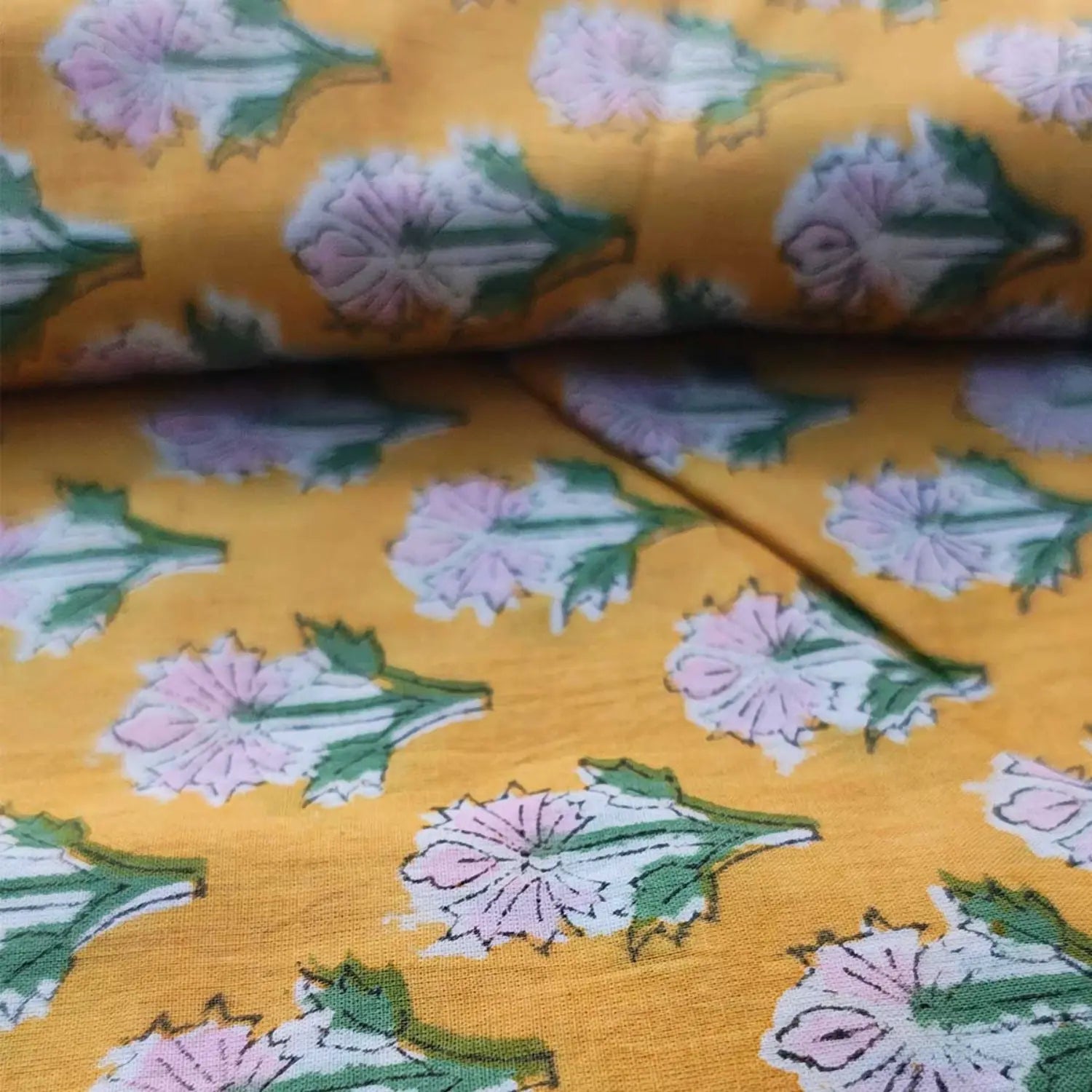 Sanganeri Hand Block Print Cotton Fabric – Yellow Floral Print