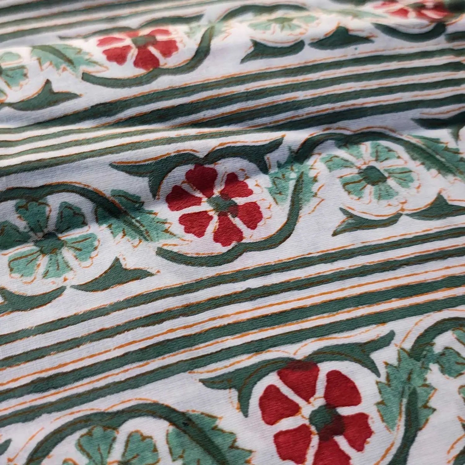 Sanganeri Hand Block Print Cotton Fabric – Green Floral Print