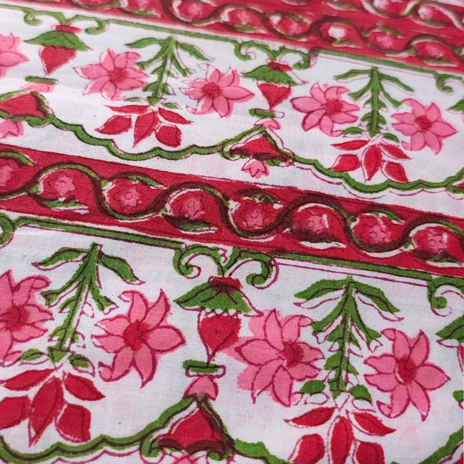 Sanganeri Hand Block Print Cotton Fabric – White And Pink Floral Print