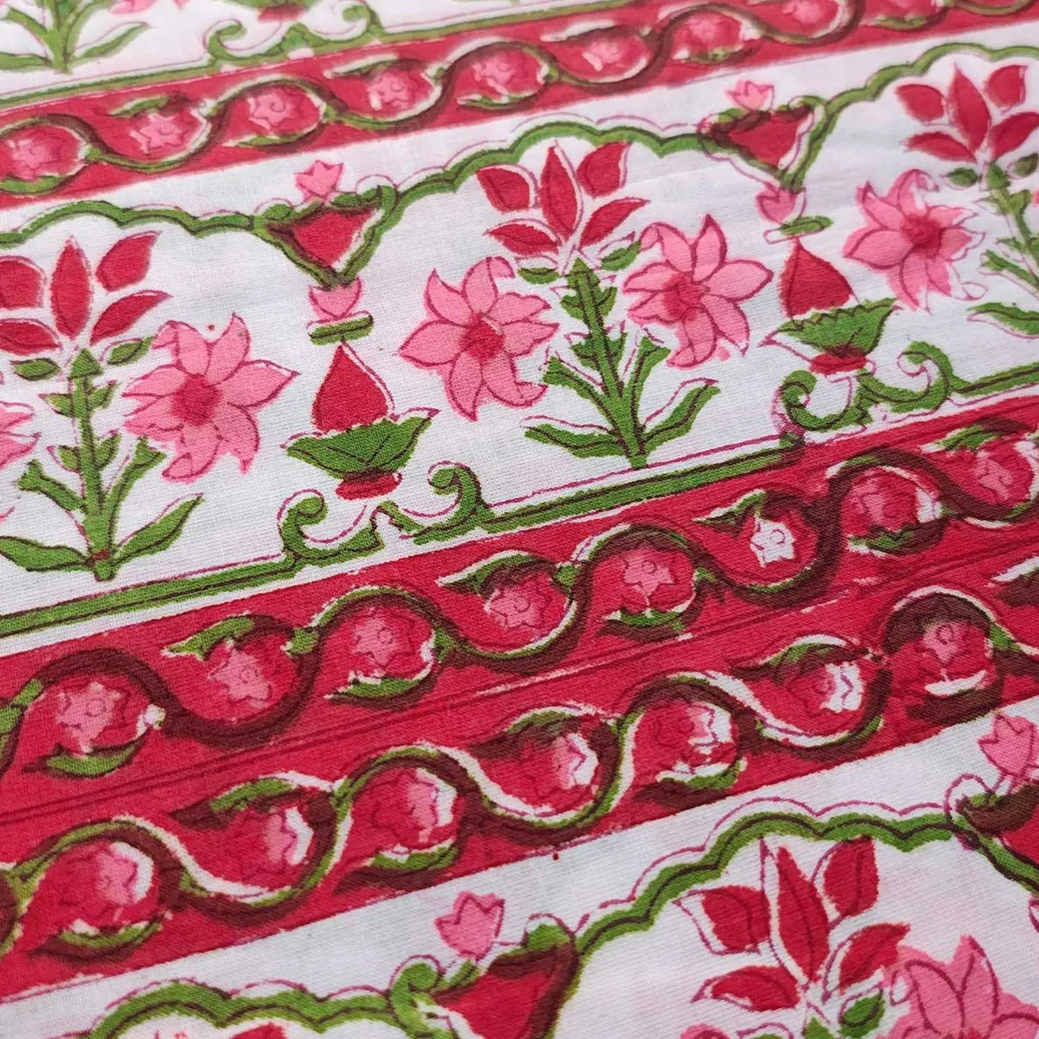 Sanganeri Hand Block Print Cotton Fabric – White And Pink Floral Print