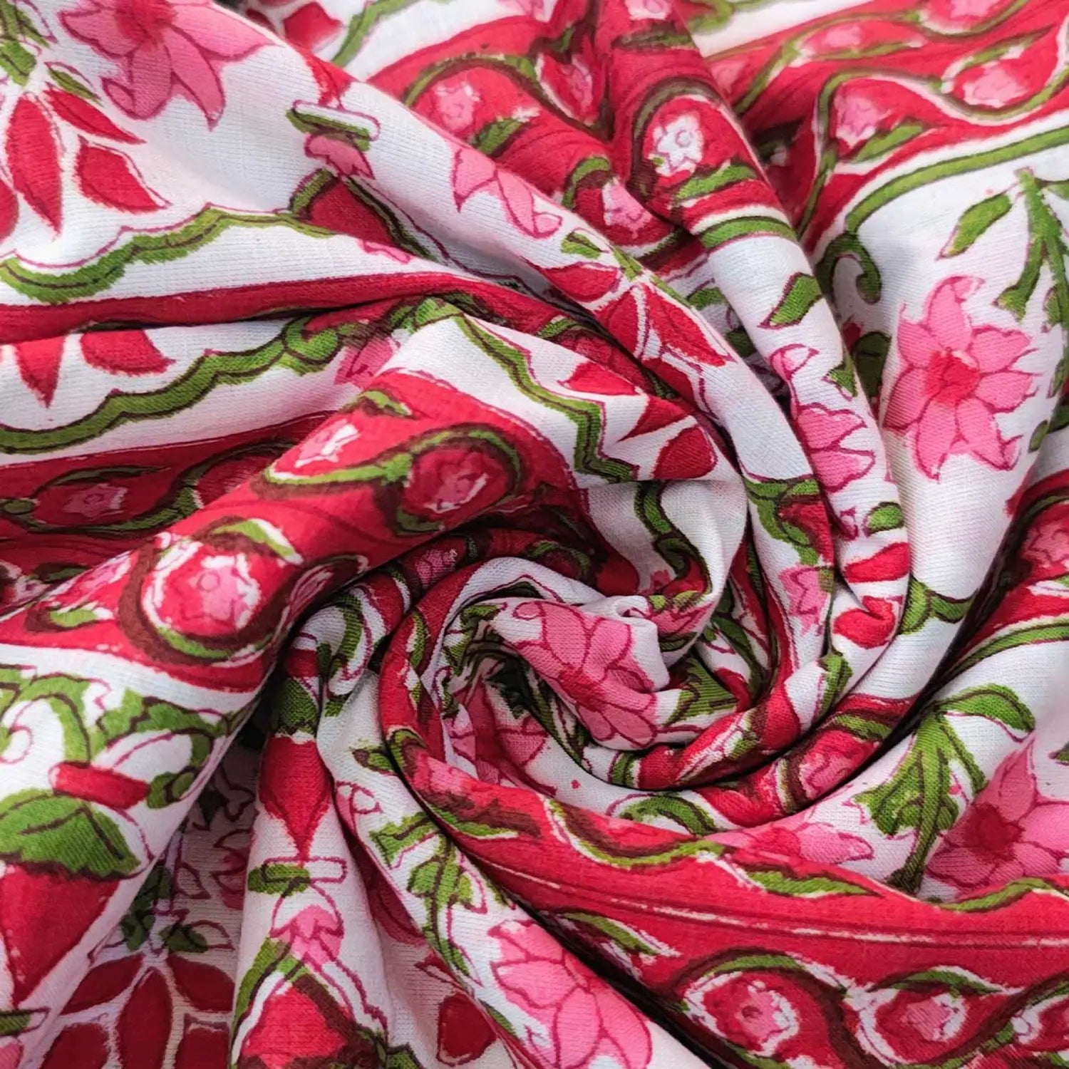 Sanganeri Hand Block Print Cotton Fabric – White And Pink Floral Print