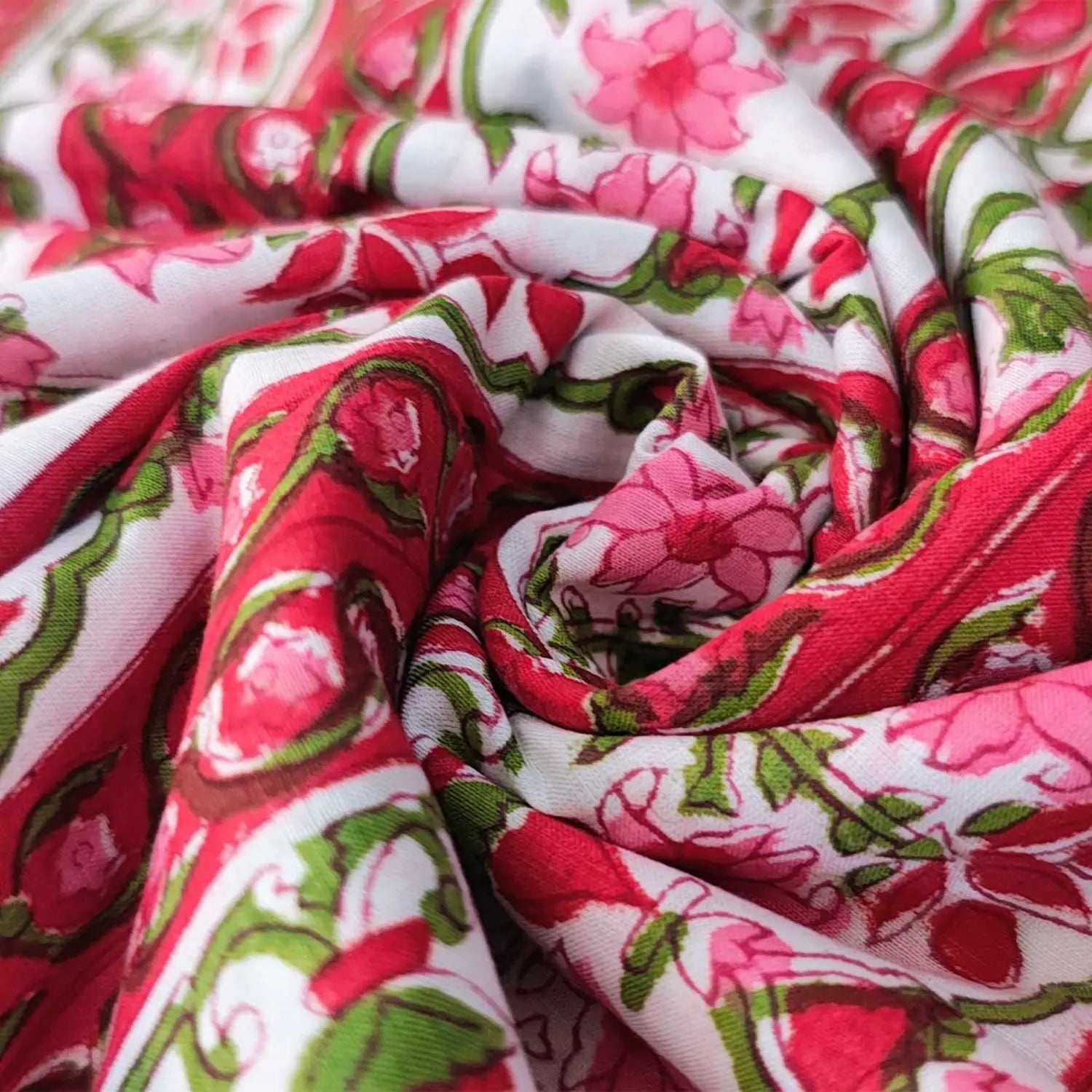 Sanganeri Hand Block Print Cotton Fabric – White And Pink Floral Print