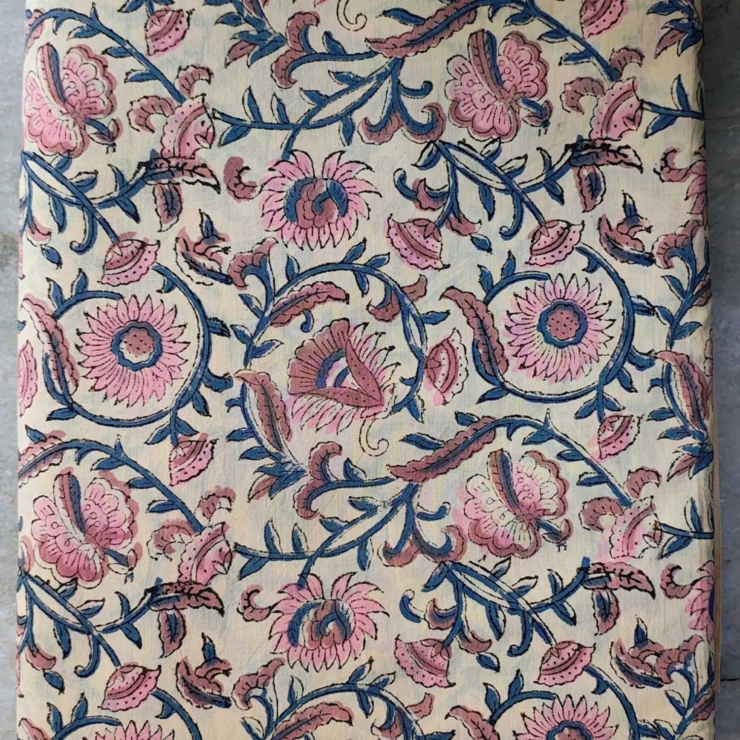 Sanganeri Hand Block Print Cotton Fabric – Beige Floral Print