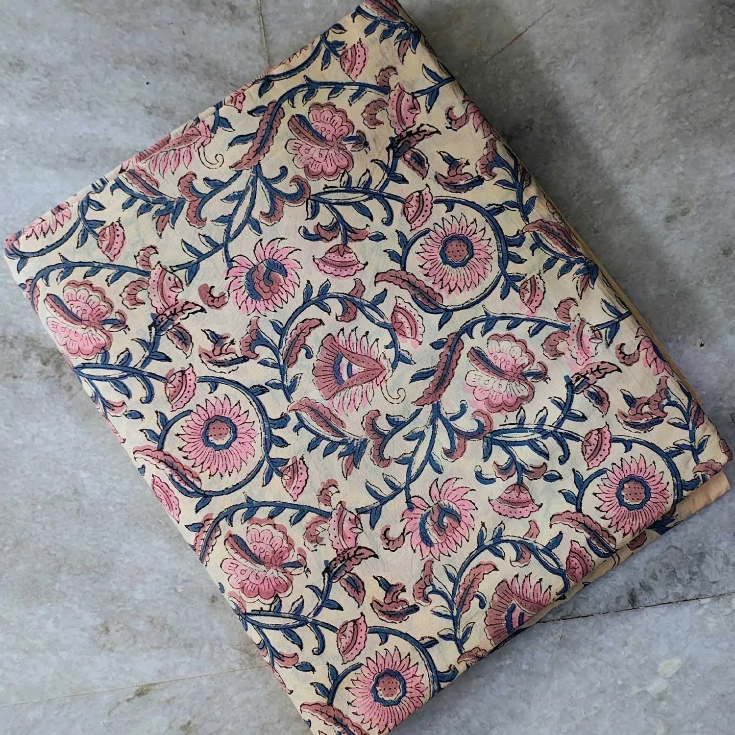 Sanganeri Hand Block Print Cotton Fabric – Beige Floral Print