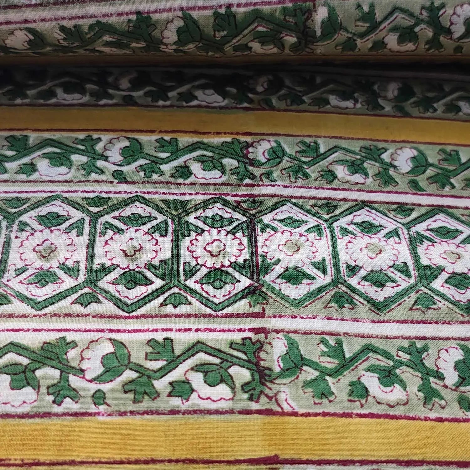Sanganeri Hand Block Print Cotton Fabric – Green Floral Print