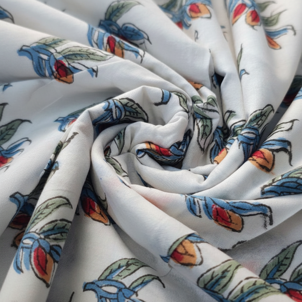 Sanganeri Hand Block Print Cotton Fabric – White Floral Print