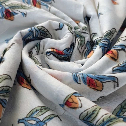 Sanganeri Hand Block Print Cotton Fabric – White Floral Print