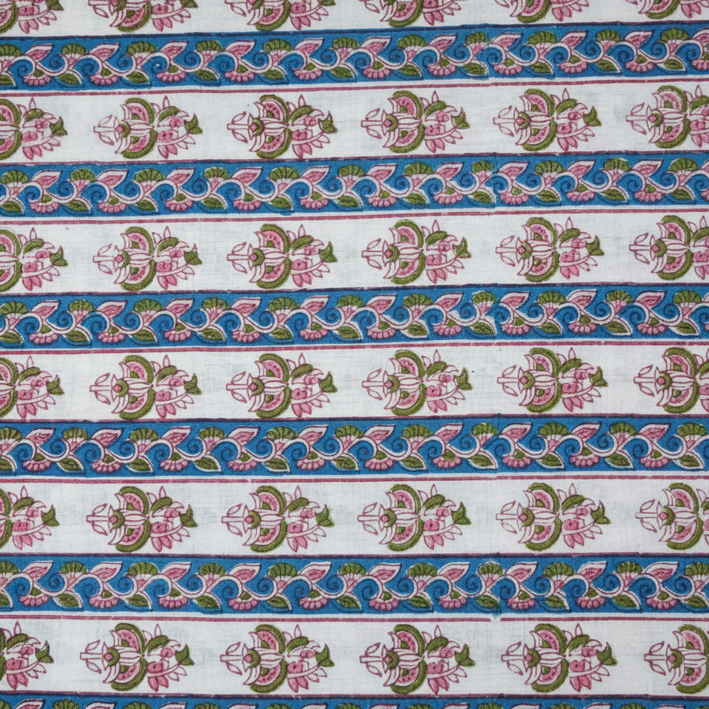 Sanganeri Hand Block Print Cotton Fabric – White And Blue Floral Print