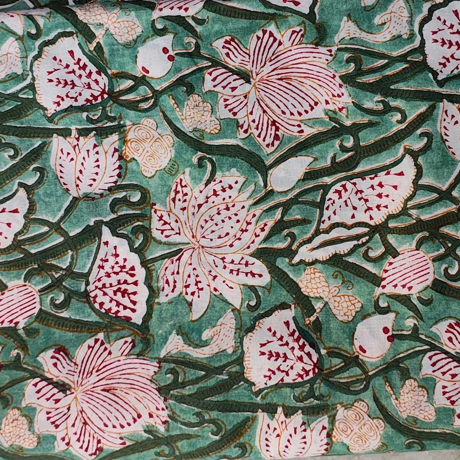 Sanganeri Hand Block Print Cotton Fabric – Green Floral Print
