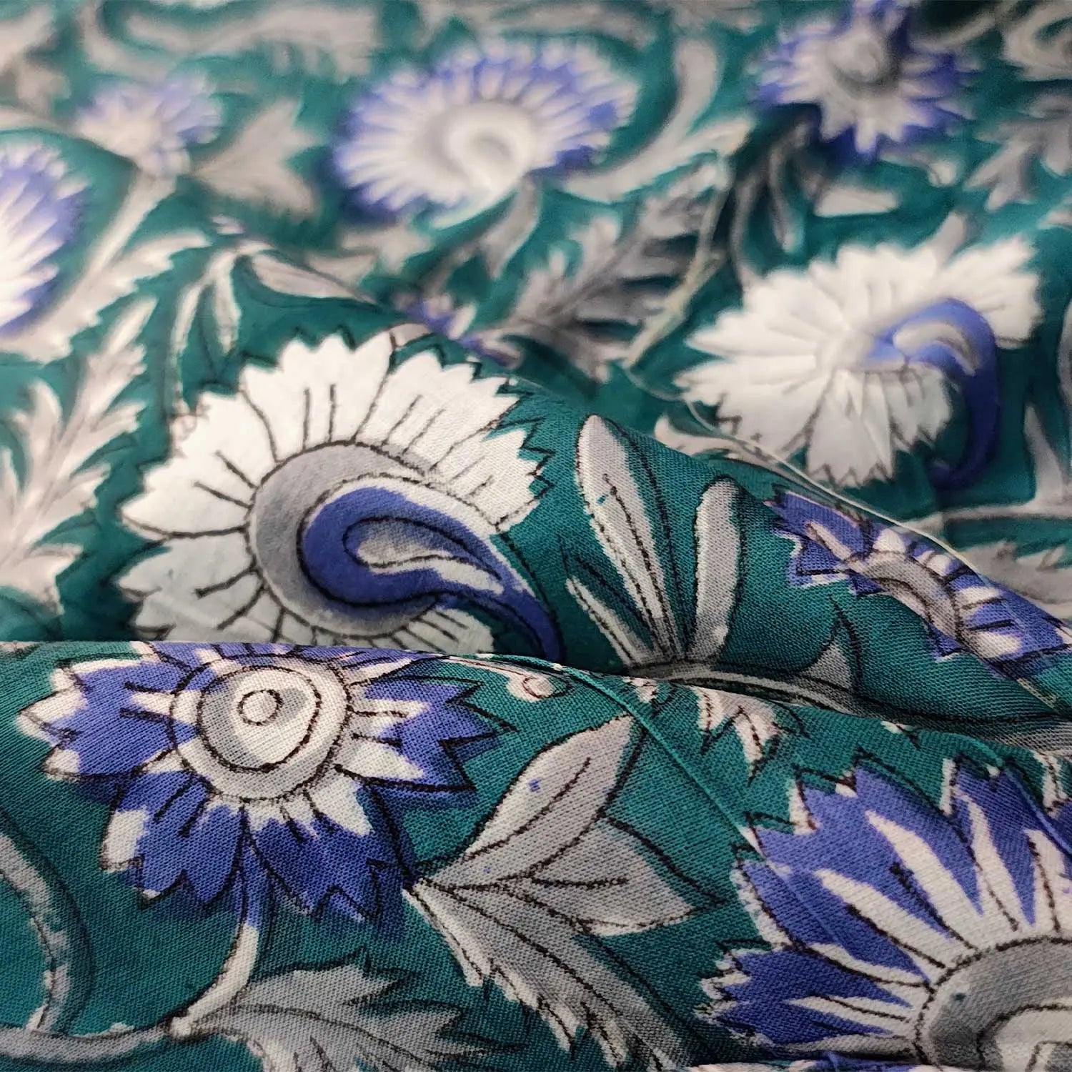 Sanganeri Hand Block Print Cotton Fabric – Blue Floral Print