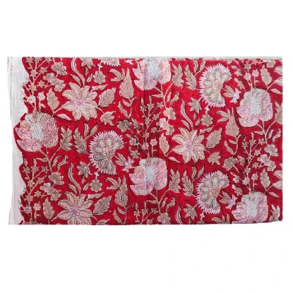 Sanganeri Hand Block Print Cotton Fabric – Red Floral Print