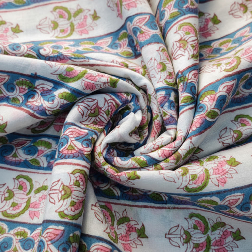 Sanganeri Hand Block Print Cotton Fabric – White And Blue Floral Print