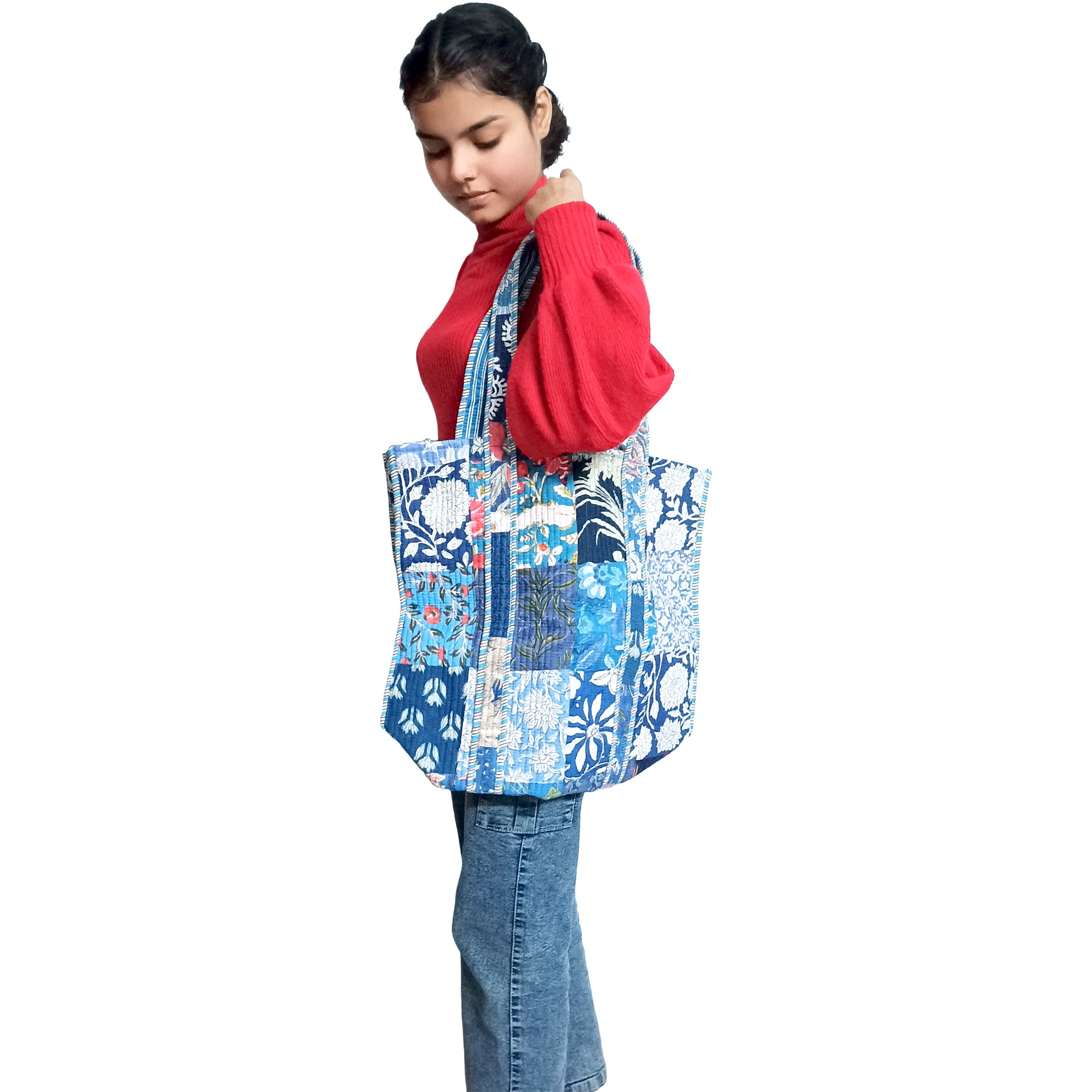 Multicolor Block Printed Cotton Quilted Tote Bags