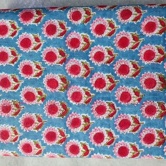 Sanganeri Hand Block Print Cotton Fabric – Blue And Pink Floral Print