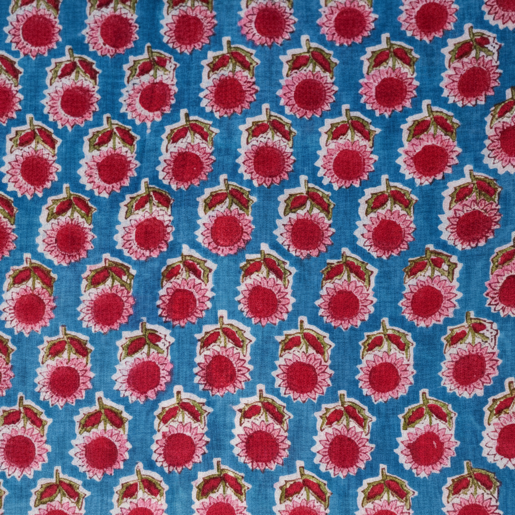Sanganeri Hand Block Print Cotton Fabric – Blue And Pink Floral Print