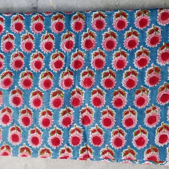 Sanganeri Hand Block Print Cotton Fabric – Blue And Pink Floral Print