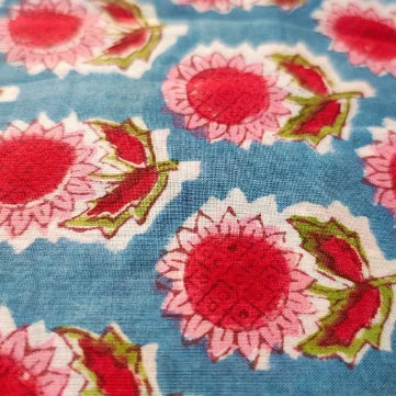 Sanganeri Hand Block Print Cotton Fabric – Blue And Pink Floral Print