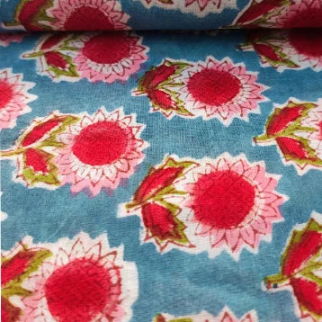 Sanganeri Hand Block Print Cotton Fabric – Blue And Pink Floral Print