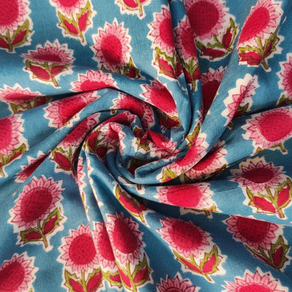 Sanganeri Hand Block Print Cotton Fabric – Blue And Pink Floral Print
