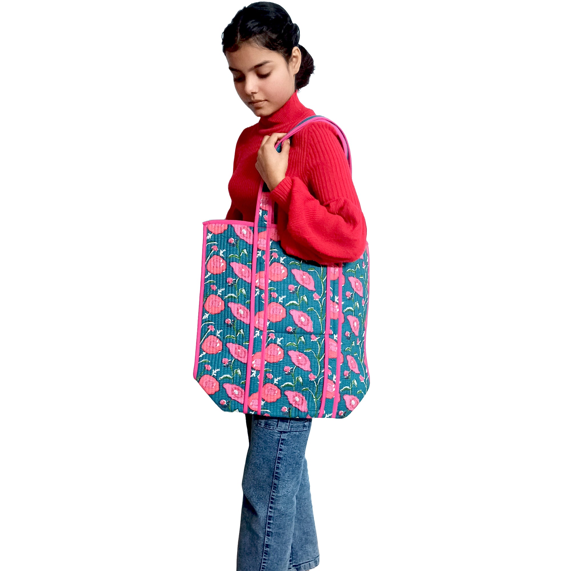 Multicolor Block Printed Cotton Quilted Tote Bags