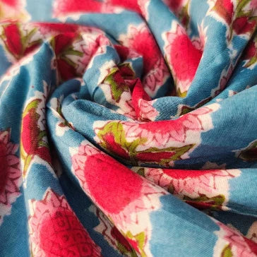 Sanganeri Hand Block Print Cotton Fabric – Blue And Pink Floral Print