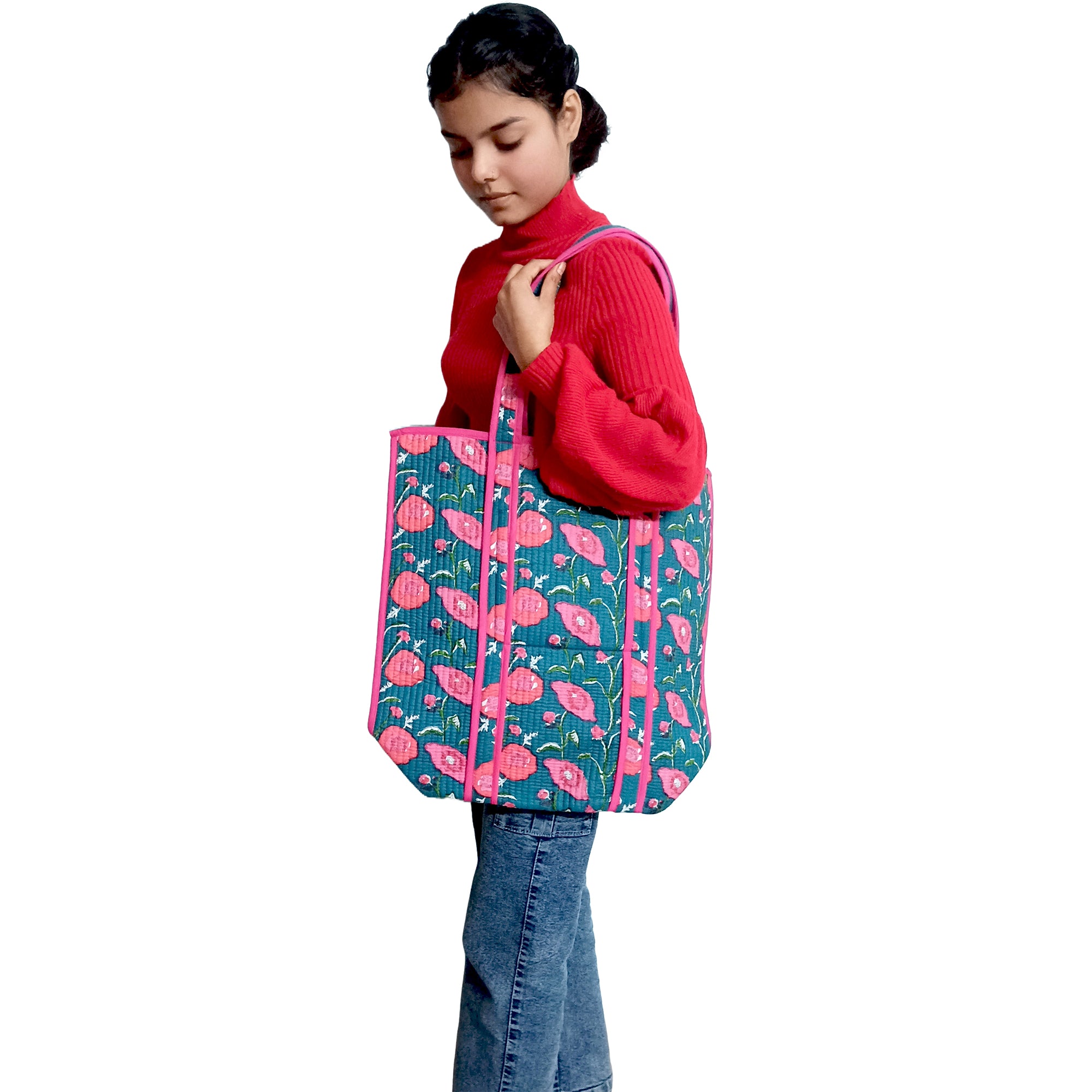 Multicolor Block Printed Cotton Quilted Tote Bags