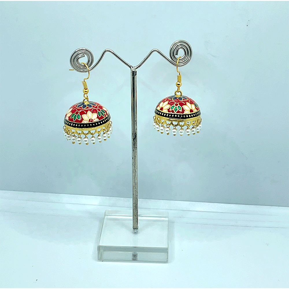 Meenakari Chandbali Jhumka Earrings - Kundan & Beads in Floral Design For Women & Girls