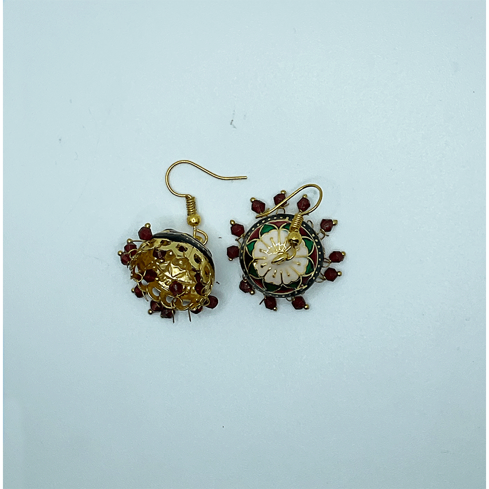 Meenakari Chandbali Jhumka Earrings - Kundan & Beads in Floral Design For Women & Girls