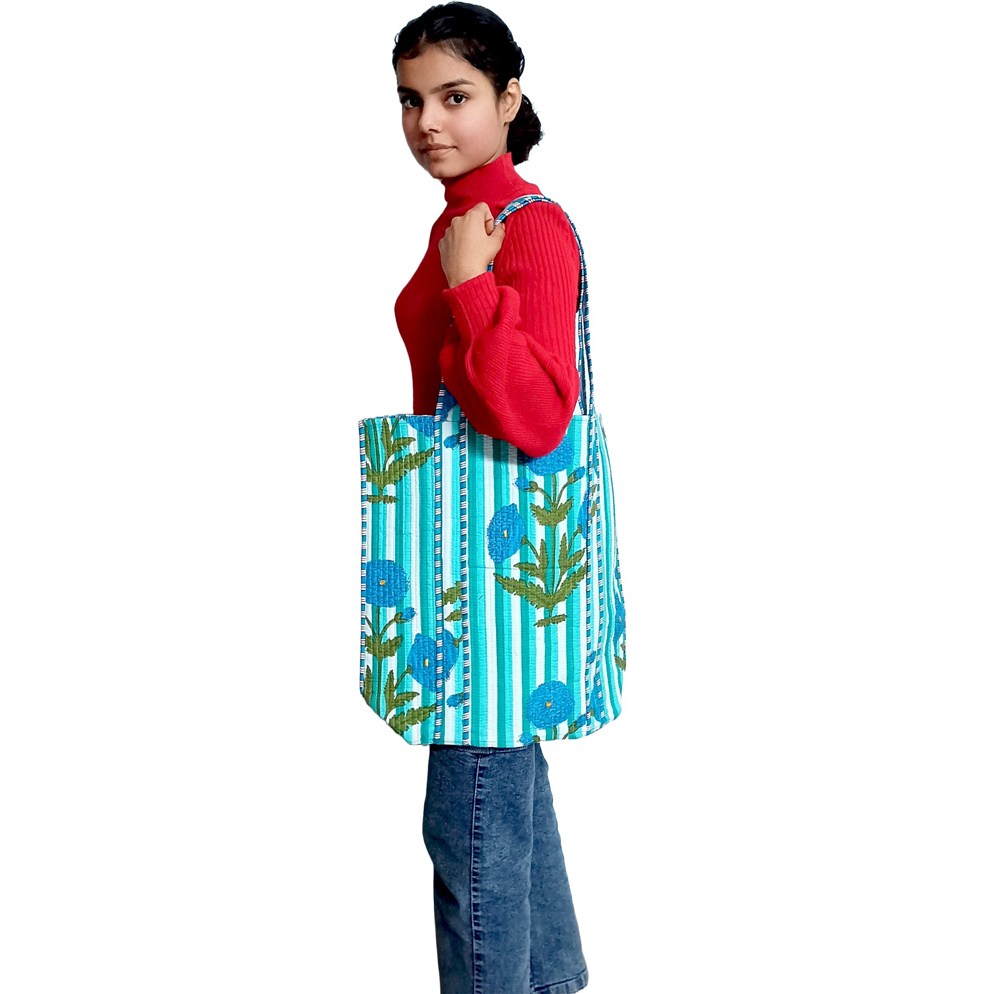 Multicolor Block Printed Cotton Quilted Tote Bags