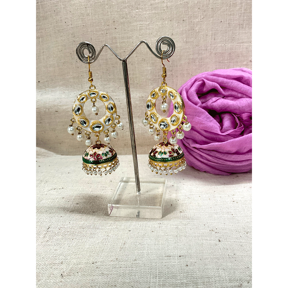 Meenakari Chandbali Jhumka Earrings - Kundan & Beads in Floral Design For Women & Girls Stylish Latest