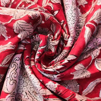 Sanganeri Hand Block Print Cotton Fabric – Red Floral Print