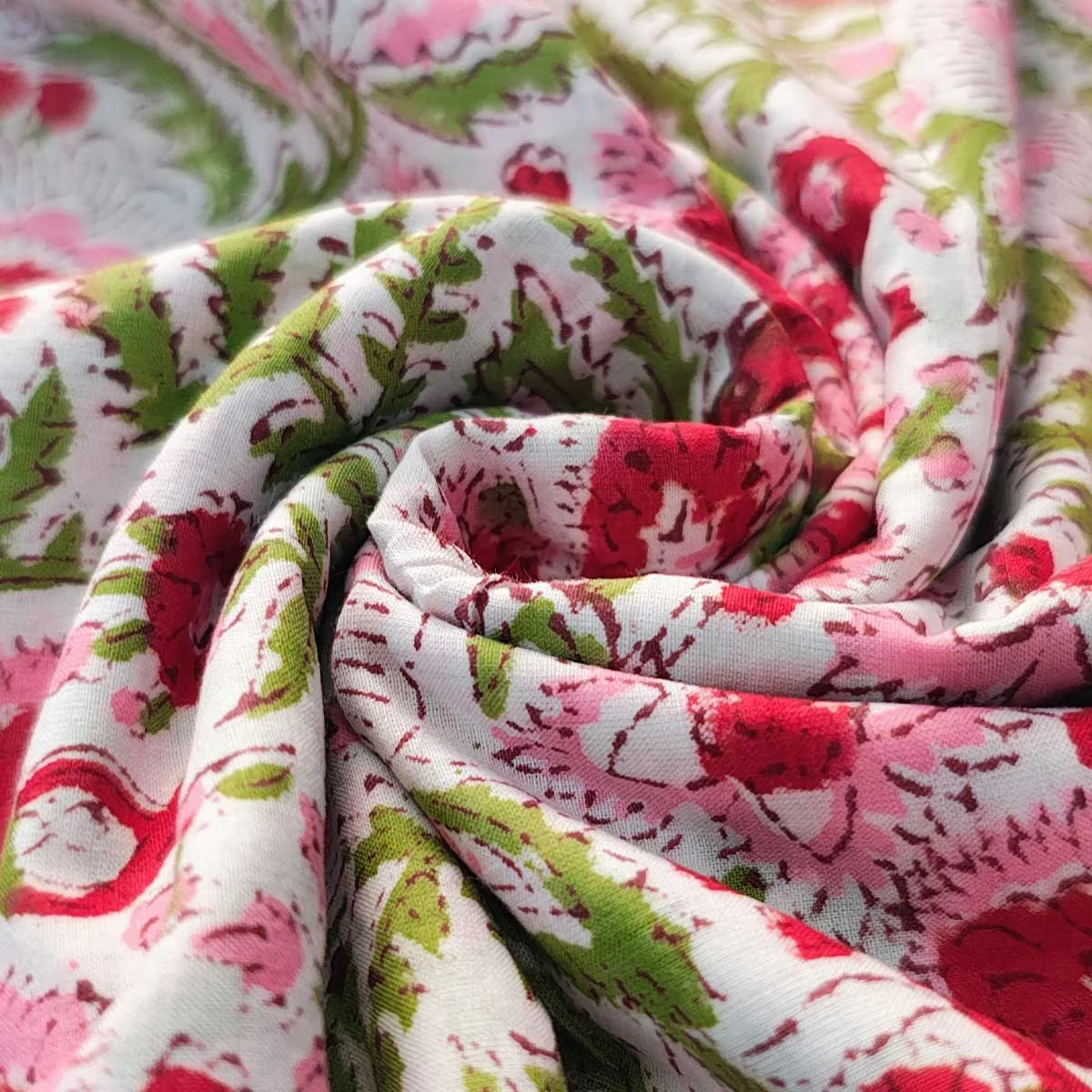 Sanganeri Hand Block Print Cotton Fabric – White And Pink Floral Print