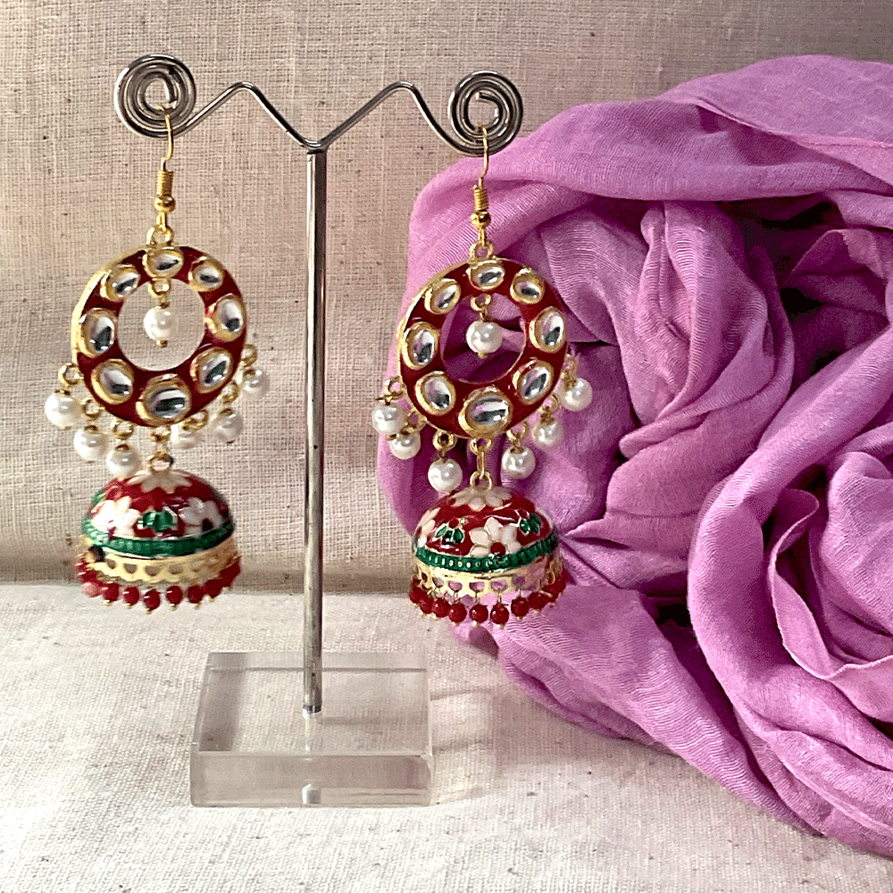 Meenakari Chandbali Jhumka Earrings - Kundan & Beads in Floral Design For Women & Girls