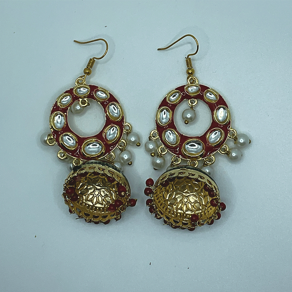 Meenakari Chandbali Jhumka Earrings - Kundan & Beads in Floral Design For Women & Girls