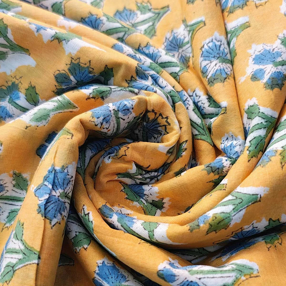 Sanganeri Hand Block Print Cotton Fabric – Yellow Floral Print